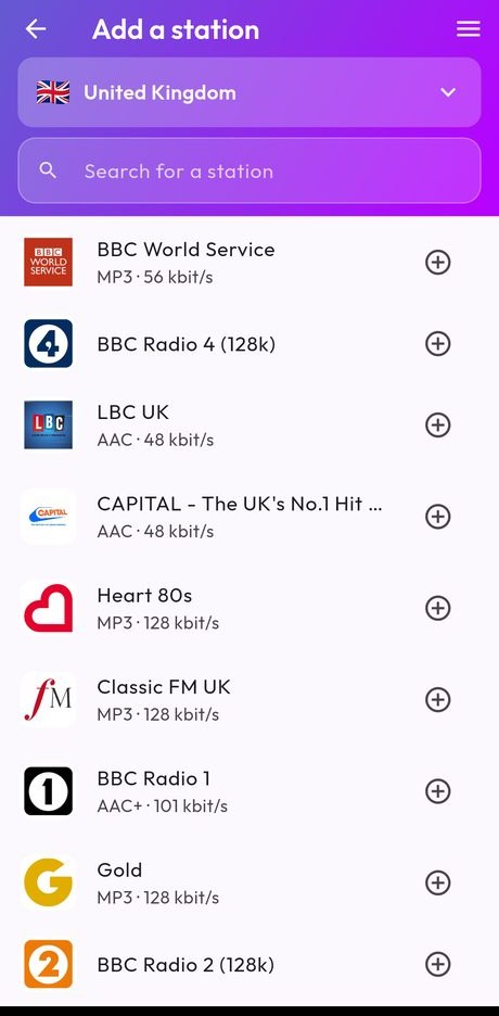 The add-a-station screen: the most played UK radios, with their logo.